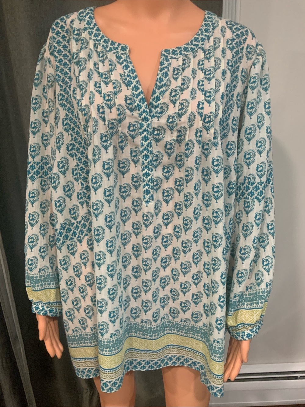 Rose & Olive Teal and White Printed Long-Sleeve Tunic
